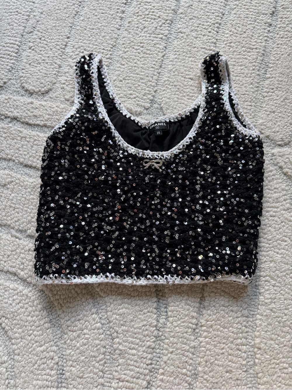 CHANEL Black Sequin Cropped Tank with White Trim